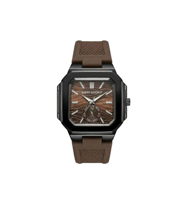 Watch with brown strap and wooden dial on a white background