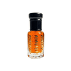 Small glass bottle with a black cap containing an orange liquid on a white background