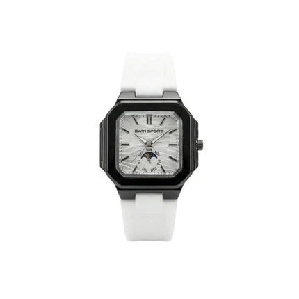 Watch with a white strap and black case on a white background