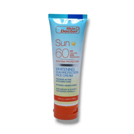 Tube of Skin Doctor Sun 60 Whitening Sun Protection Face Cream on a white background