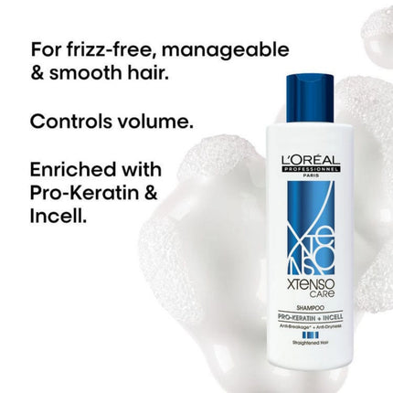 L'Oreal Xtenso Care shampoo bottle with text highlighting benefits on a white background