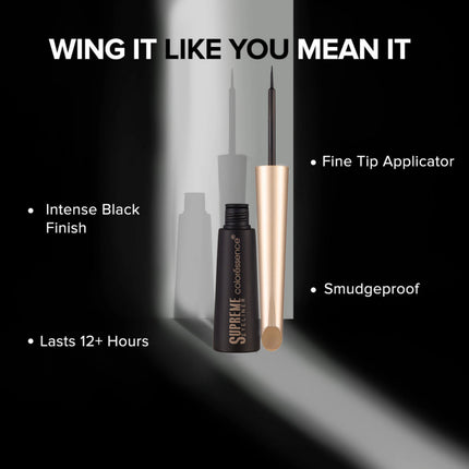 Supreme Color Essence eyeliner with product details on a black background
