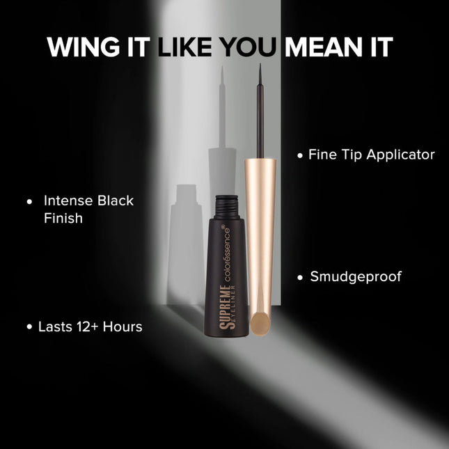 Supreme Color Essence eyeliner with product details on a black background