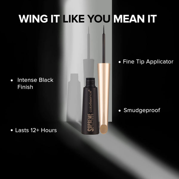 Supreme Color Essence eyeliner with product details on a black background