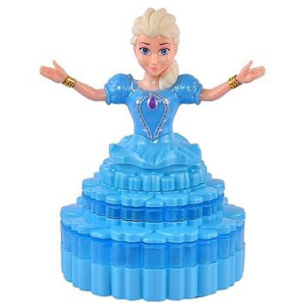 Toy figure of a princess in a blue dress with a stack of blue blocks on a white background