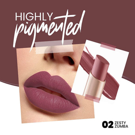 Lipstick with a close-up of lips wearing the color, labeled 'Highly Pigmented 02 Zesty Zumba'.