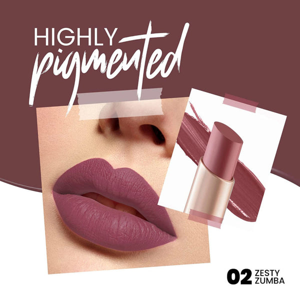 Lipstick with a close-up of lips wearing the color, labeled 'Highly Pigmented 02 Zesty Zumba'.