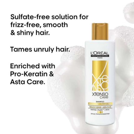 L'Oreal Xtenso Care shampoo bottle with text about sulfate-free solution for frizz-free hair.