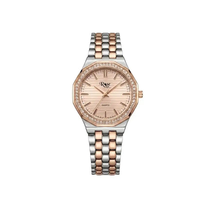 Elegant Women’s Two-Tone Rose Gold & Silver Quartz Watch – Luxury Diamond Style Bezel Stainless Steel Strap Ladies Wrist Watch