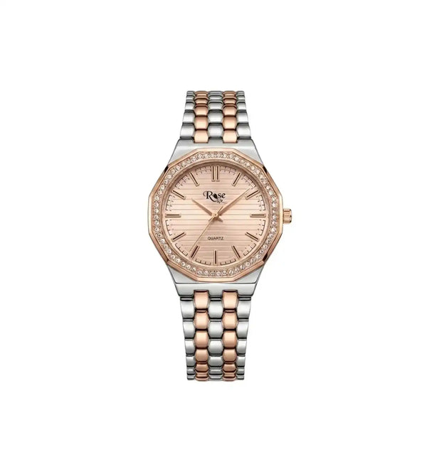 Elegant Women’s Two-Tone Rose Gold & Silver Quartz Watch – Luxury Diamond Style Bezel Stainless Steel Strap Ladies Wrist Watch
