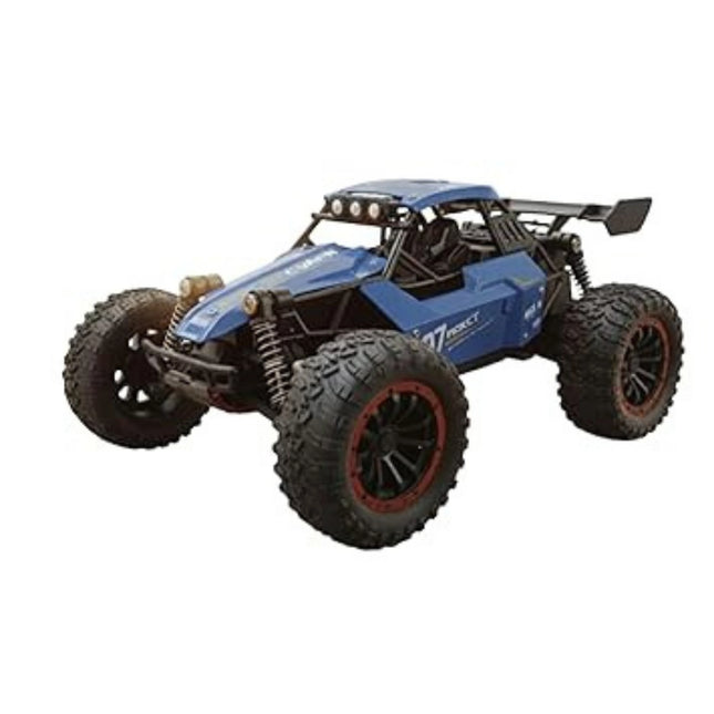 Blue and black off-road toy vehicle on a white background
