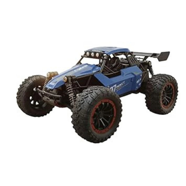 Blue and black off-road toy vehicle on a white background