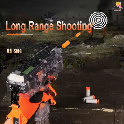 Toy gun labeled 'UZI-SMG' with 'Long Range Shooting' text and target icon on a dark background.