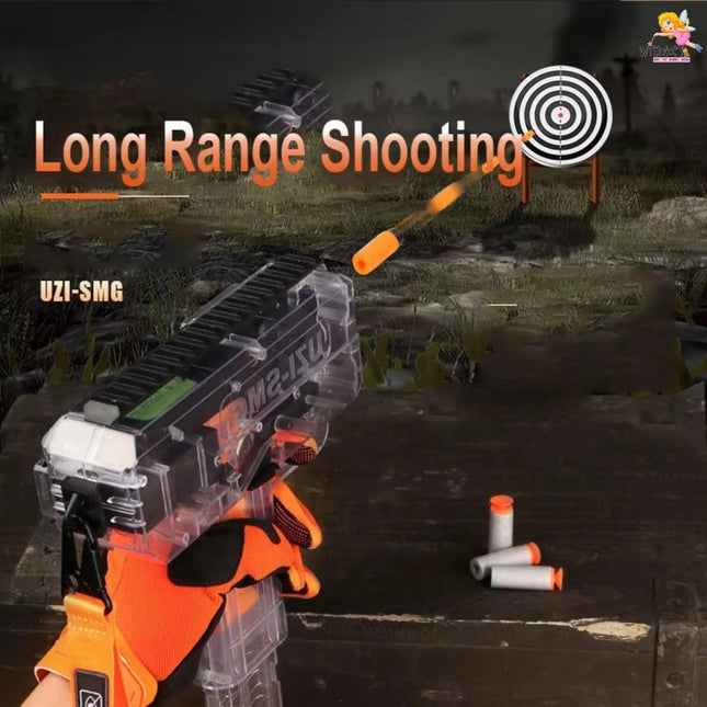 Toy gun labeled 'UZI-SMG' with 'Long Range Shooting' text and target icon on a dark background.