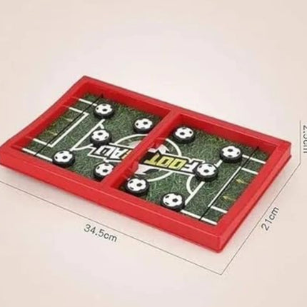 Board game with miniature soccer field and players on a red border, with measurements indicated.
