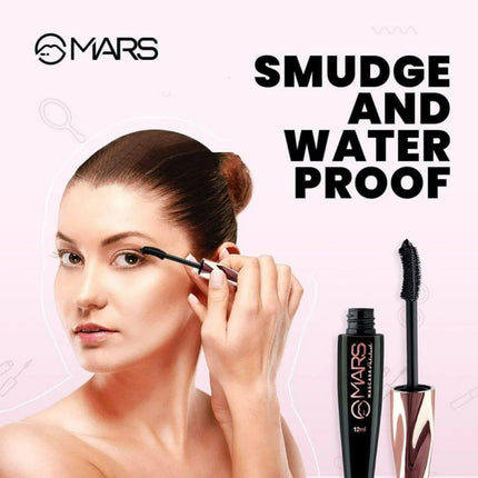 Woman applying mascara with Mars makeup product on a light pink background