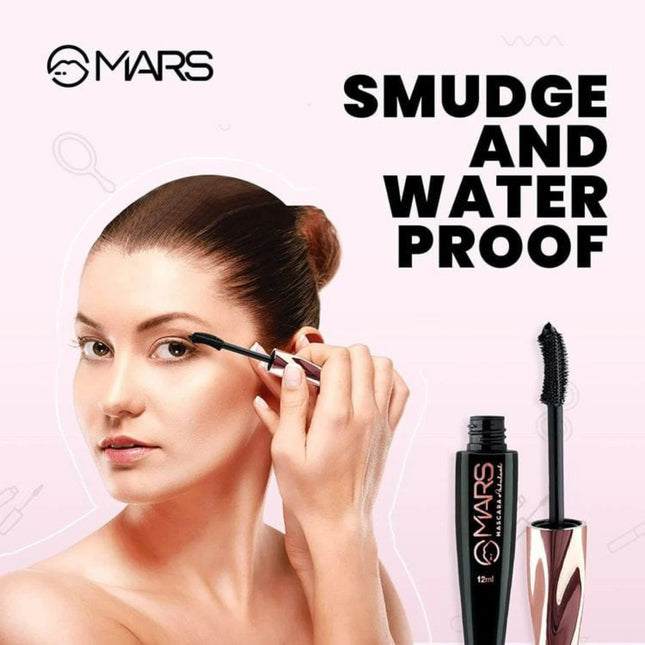 Woman applying mascara with Mars makeup product on a light pink background
