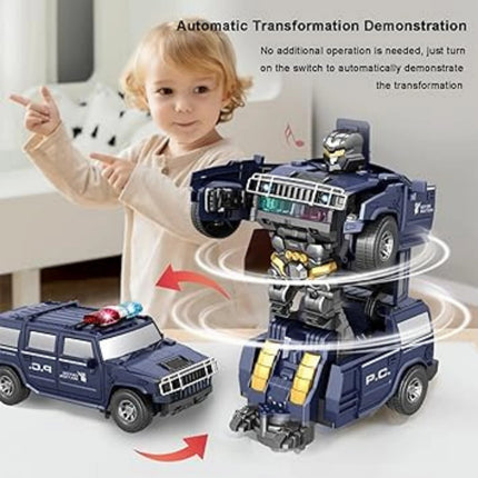 Child with a transforming toy car and robot, demonstrating automatic transformation.