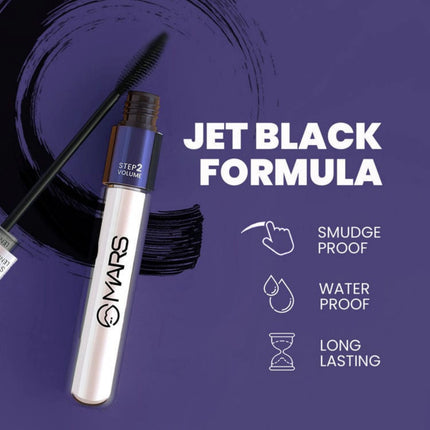 Mars mascara with jet black formula on a purple background