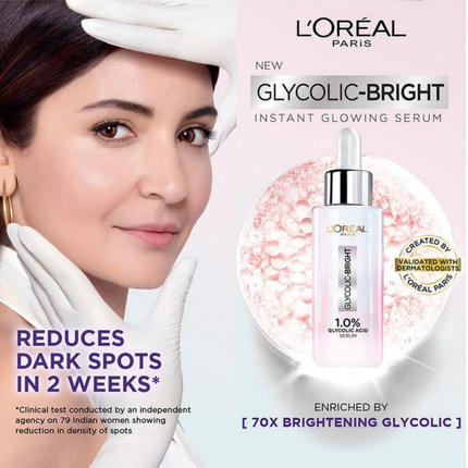 L'Oreal Paris Glycolic-Bright serum advertisement with a woman's face and product packaging.