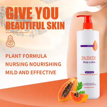 Papaya body lotion with text highlighting benefits on an orange background