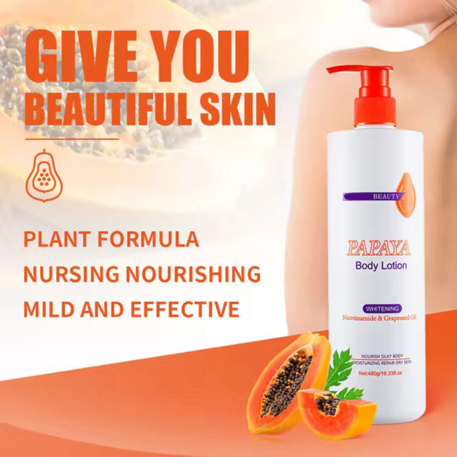 Papaya body lotion with text highlighting benefits on an orange background