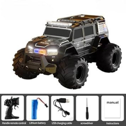 Toy police truck with large wheels and detailed design on a white background, including accessories below.