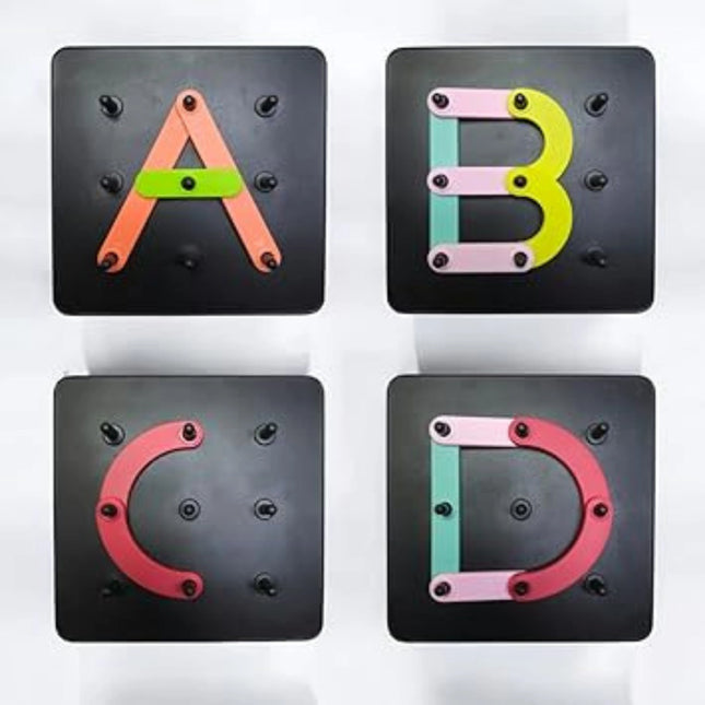 Four square black plates with colorful letters A, B, C, and D on a white background