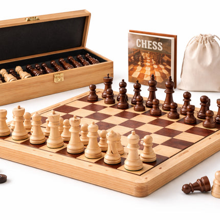 Wooden chess set with pieces and board on a white surface