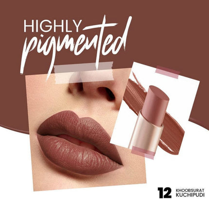 Lipstick with a close-up of lips wearing the shade and text 'Highly pigmented' on a brown background.