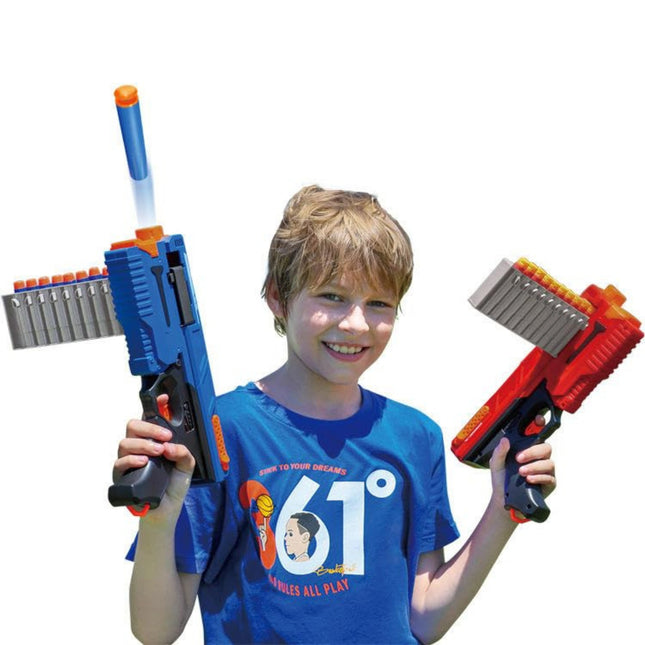 Child holding two toy guns against a white background