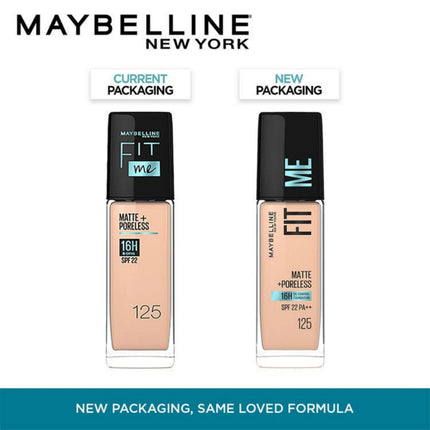 Maybelline Fit Me foundation bottles with current and new packaging on a white background