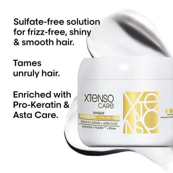 Xtenso Care hair mask jar with text highlighting benefits on a white background