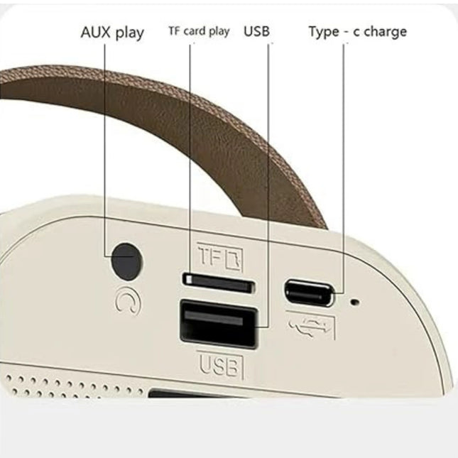 Close-up of a device with ports labeled for AUX play, TF card play, USB, and Type-C charge.