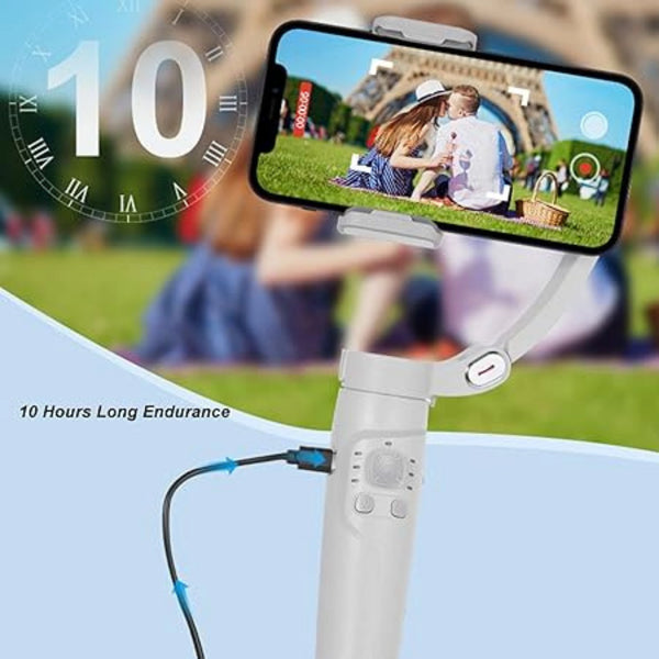 Phone holder with screen displaying a couple at the Eiffel Tower, with '10 Hours Long Endurance' text.