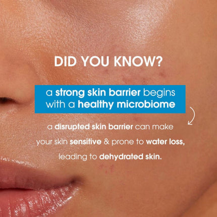 Close-up of skin with text about a strong skin barrier and healthy microbiome.