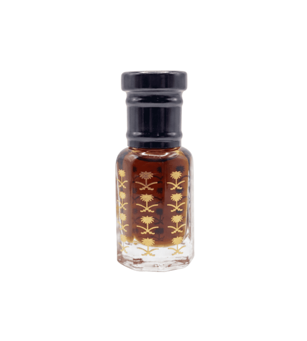 Small glass bottle with black cap and floral design on a white background