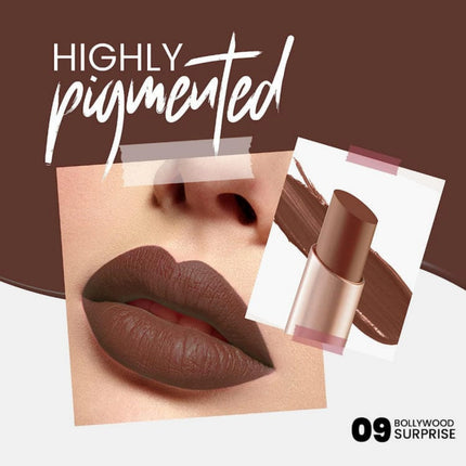 Lipstick with a close-up of lips wearing the color, labeled 'Highly Pigmented'.
