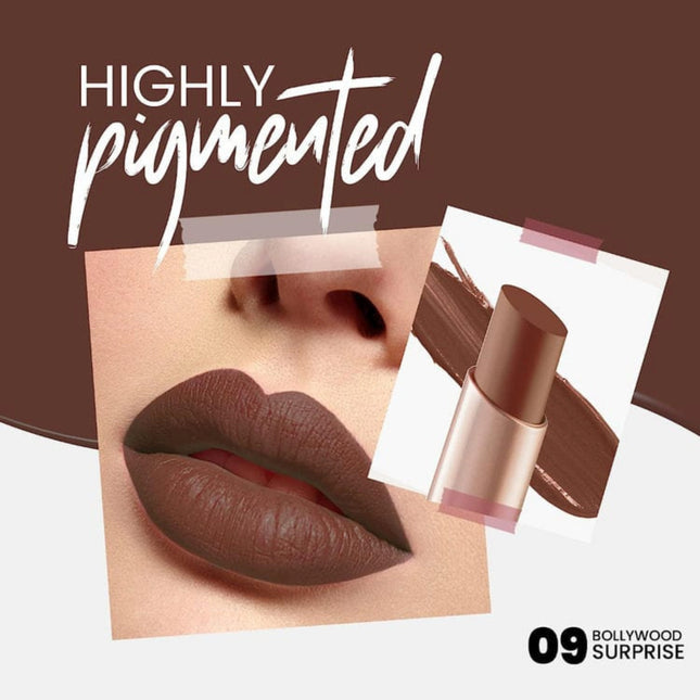 Lipstick with a close-up of lips wearing the color, labeled 'Highly Pigmented'.