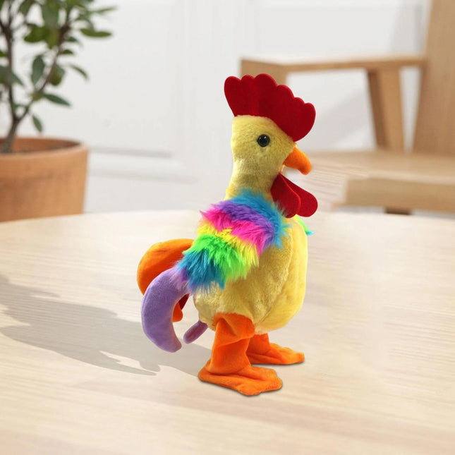 Colorful plush rooster toy on a light surface with a blurred background