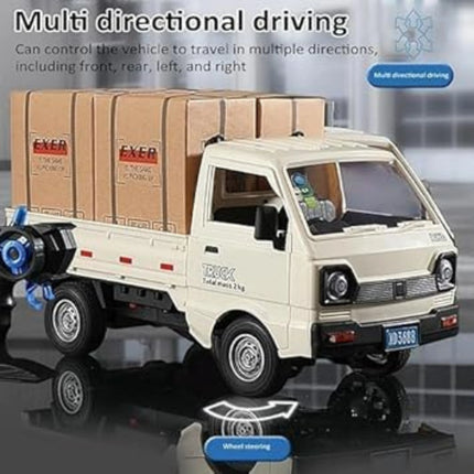 Model truck with cargo boxes on a reflective surface, featuring text about multi-directional driving.