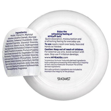 Nivea Soft cream container with label showing ingredients and usage instructions.