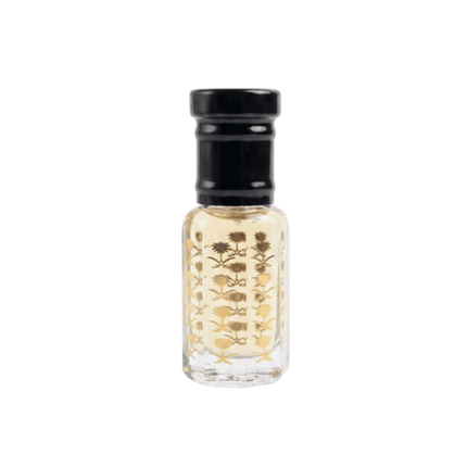 Small clear bottle with black cap on a white background
