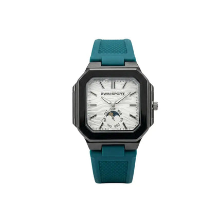 Watch with a blue strap and white face on a white background
