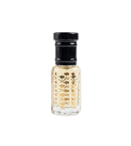 Small clear bottle with black cap on a white background