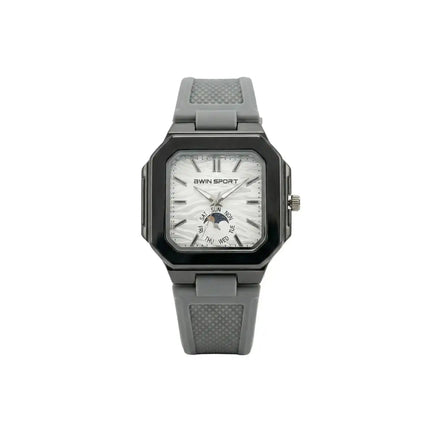 Gray wristwatch with a detailed face on a white background