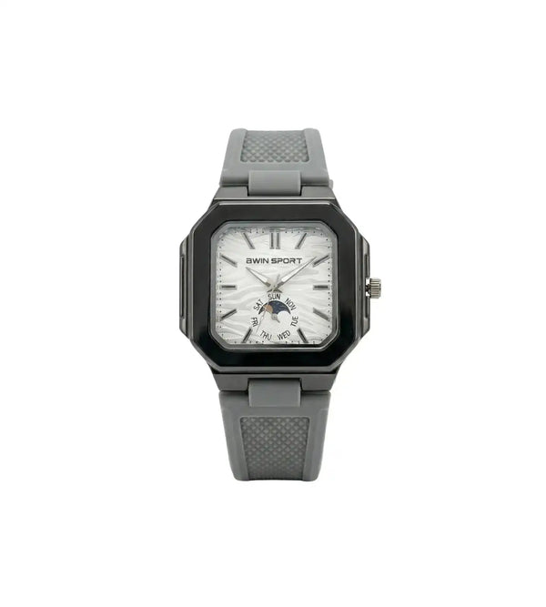 Gray wristwatch with a detailed face on a white background