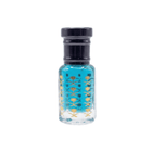 Small glass bottle with blue liquid and floral design on a white background
