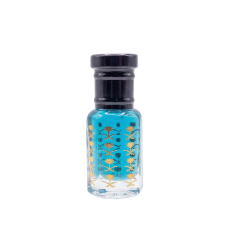 Small glass bottle with blue liquid and floral design on a white background