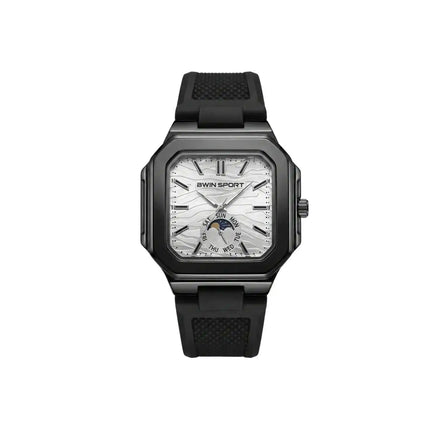 Black watch with a detailed face on a white background